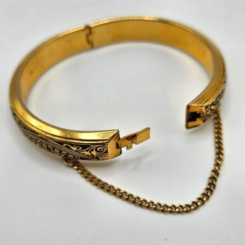 VINTAGE Damascene Gold-Filled Etched Child Hinged Cuff Bracelet Bangle